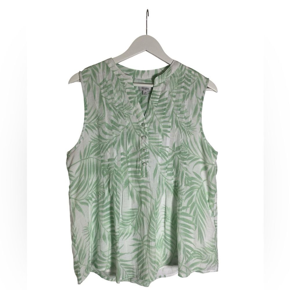 Kim Roger Blouse Women's Size M P White Green Sleeveless Tropical Hawaiian